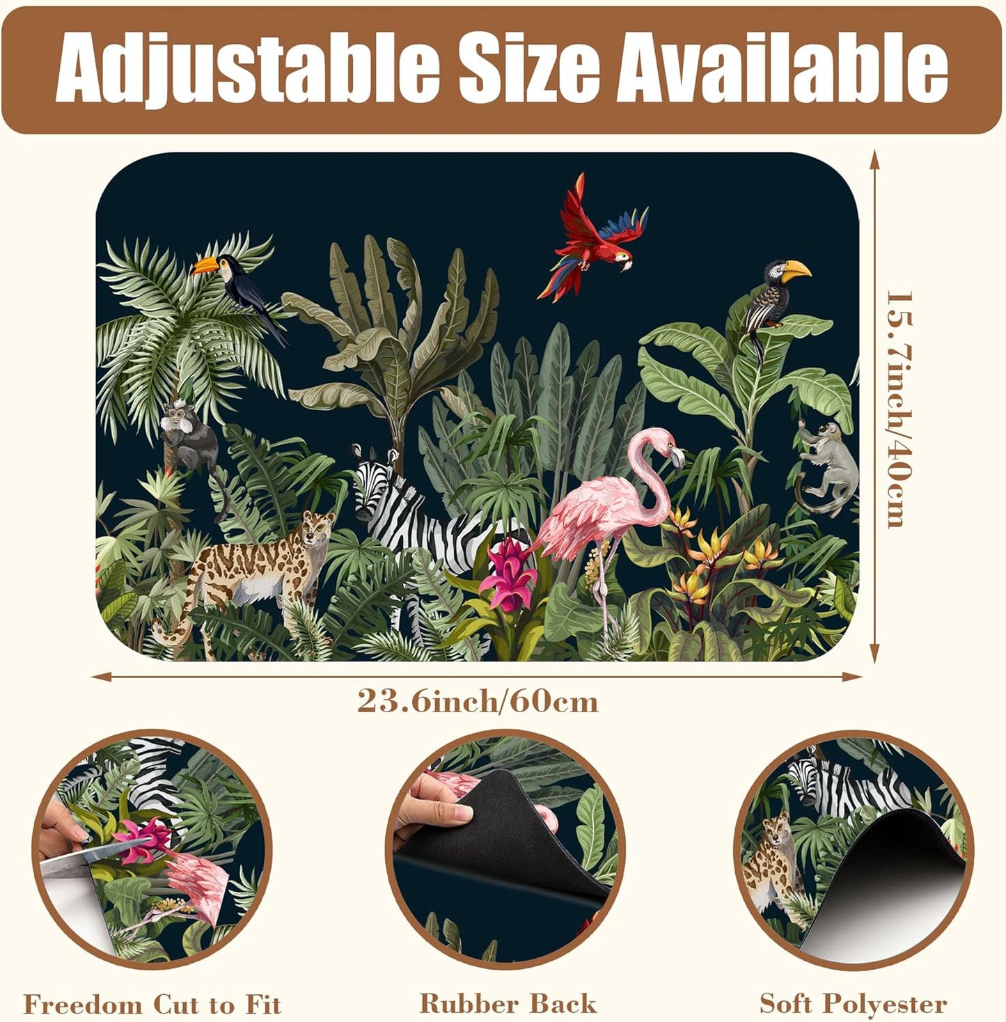 Jungle Animals Coffee Mat Tropical Dish Drying Mat for Kitchen Counter Absorbent Hide Stain Rubber Backed Coffee Bar Accessories Fit Under Espresso Machine Cafe Table, 15.7 x 23.6 Inch