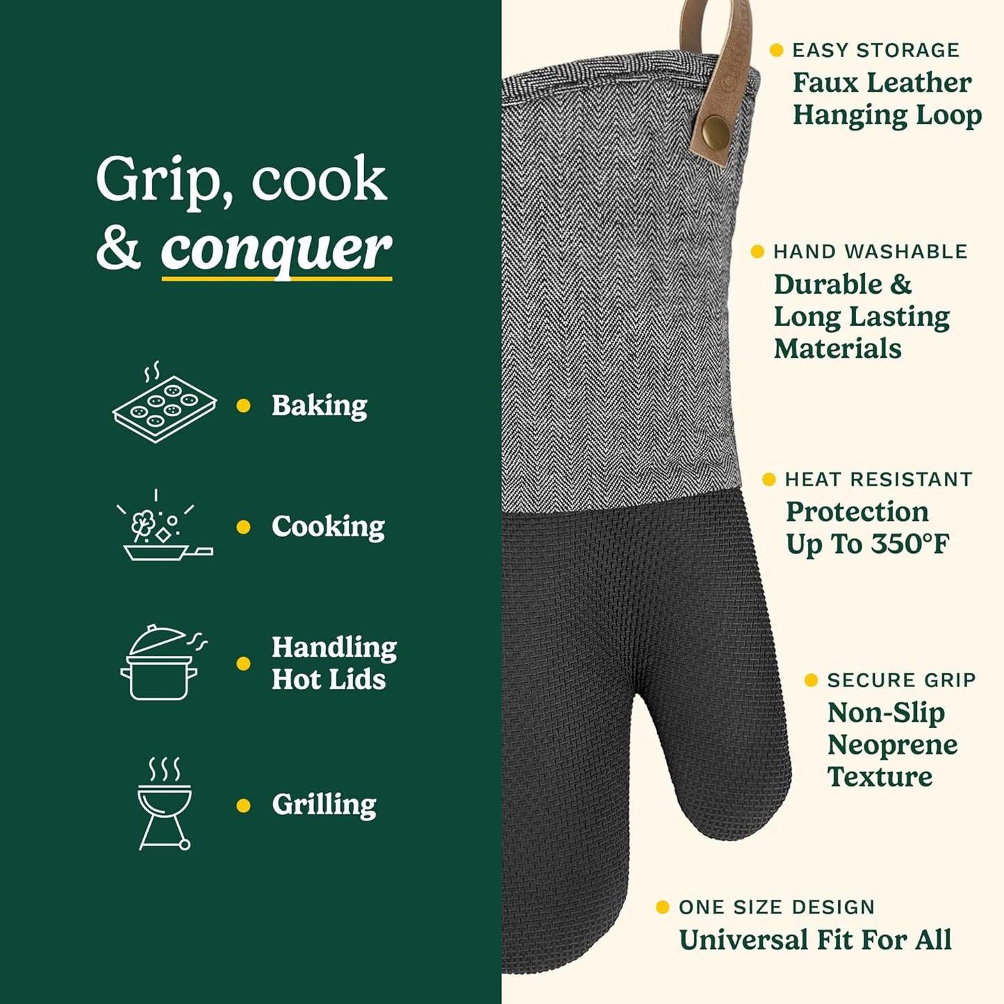 Cuisinart Heritage Kitchen Oven Mitts – Heat-Resistant Kitchen Mitts for Oven with Non-Slip Neoprene Palm, Long Cuff, and Cotton Filling – Durable Oven Gloves for Cooking, Baking, & Grilling