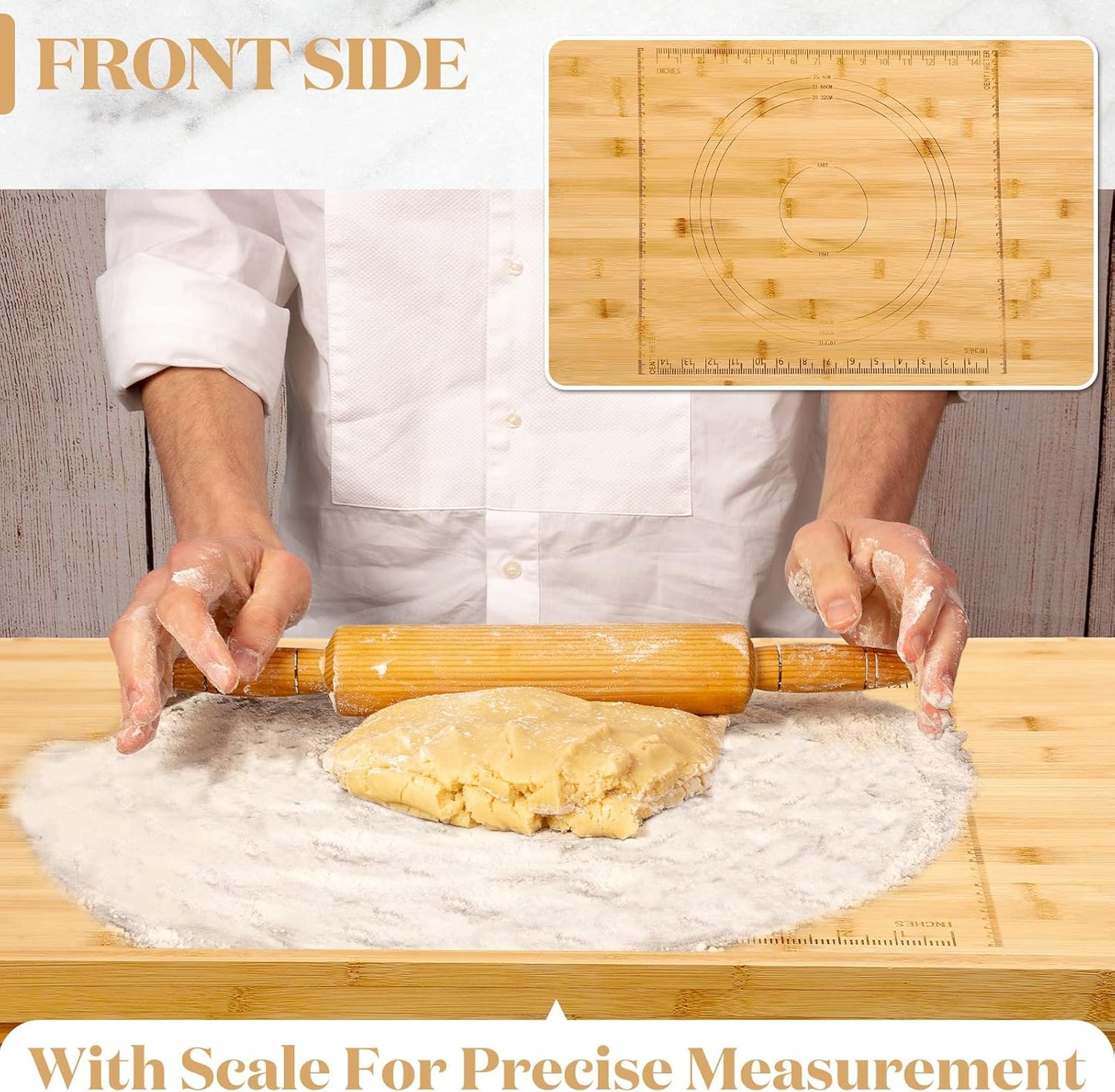Vesici Reversible Pastry Board with Lip for Rolling Dough Large Wooden Cutting Chopping Kneading Board with Engraved Measurements for Counter Table Top Kitchen(Wood,24 x 22.8 x 1.5 Inch)
