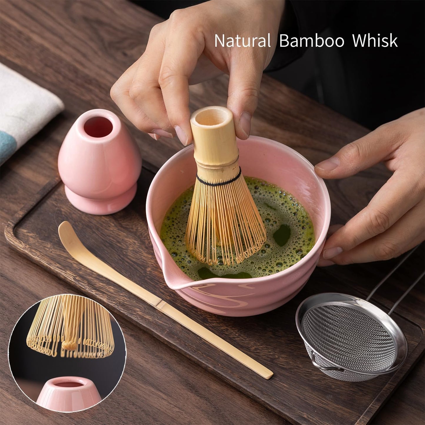 Matcha Set, Matcha Whisk Set Includes Matcha Bowl with Spout, Bamboo Whisk, Matcha Whisk Holder, Sifter, Scoop, Spoon Holder, Tea Towel- 7pcs Perfect Matcha Kit for Matcha Tea Ceremony (Pink)
