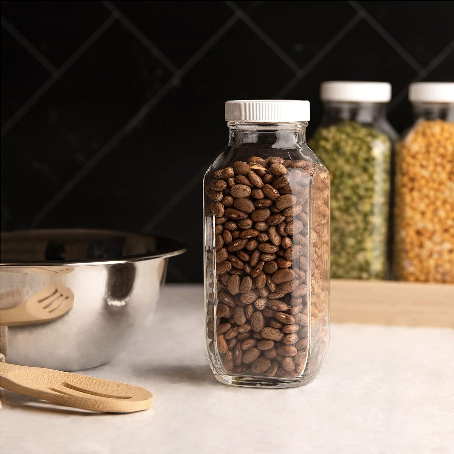 kitchentoolz 16oz Square Glass Milk Bottles with Airtight Plastic Lids – Pack of 4 | Reusable Milk Containers for Fridge & Lunchbox Storage – Ideal for Dairy, Smoothies, Juice, Water & More