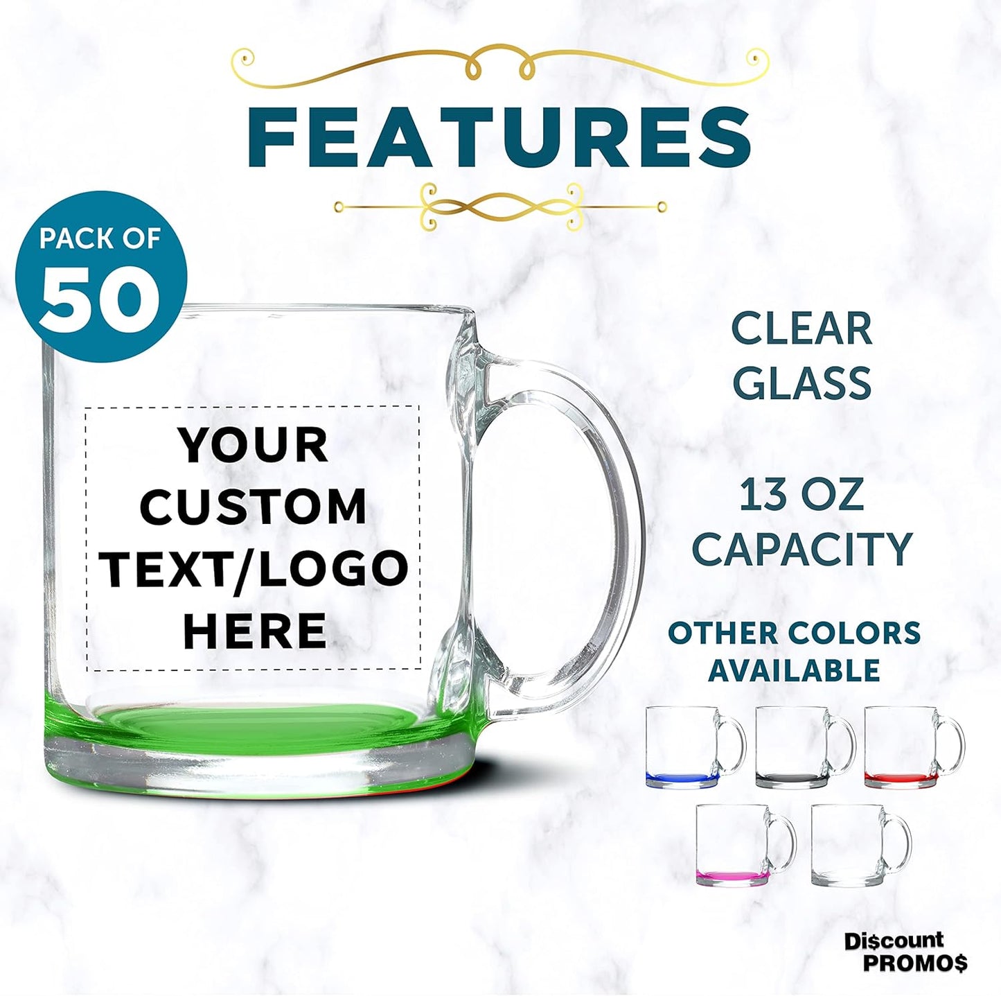 Custom Libbey Clear Glass Coffee Mugs 13 oz. Set of 50, Personalized Bulk Pack - Perfect for Coffee, Tea, Espresso, Hot Cocoa, Other Beverages - Green Bottom