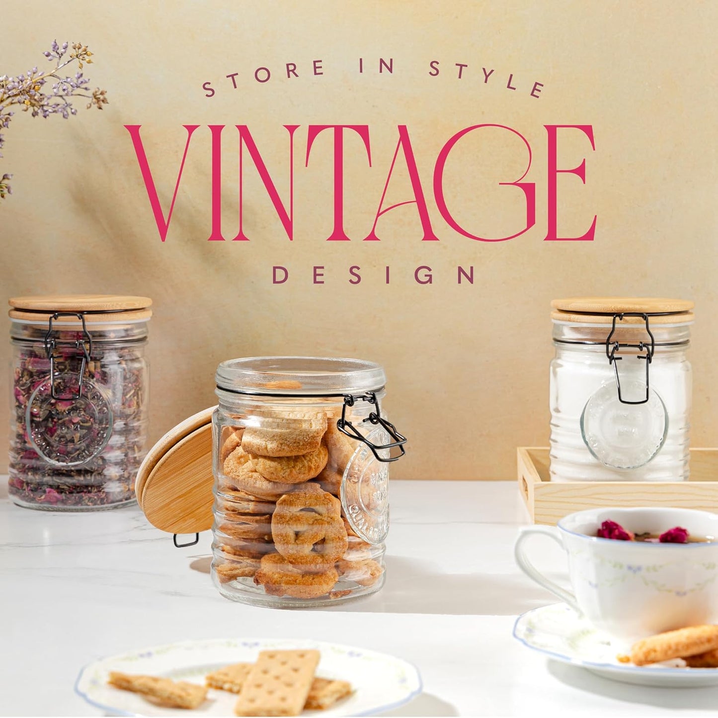 kitchentoolz Glass Storage Jars with Airtight Lids - Set of 3 Mason Storage Containers for Cereal, Coffee & Rice - 23 Ounce Pantry Organizing Canister Set