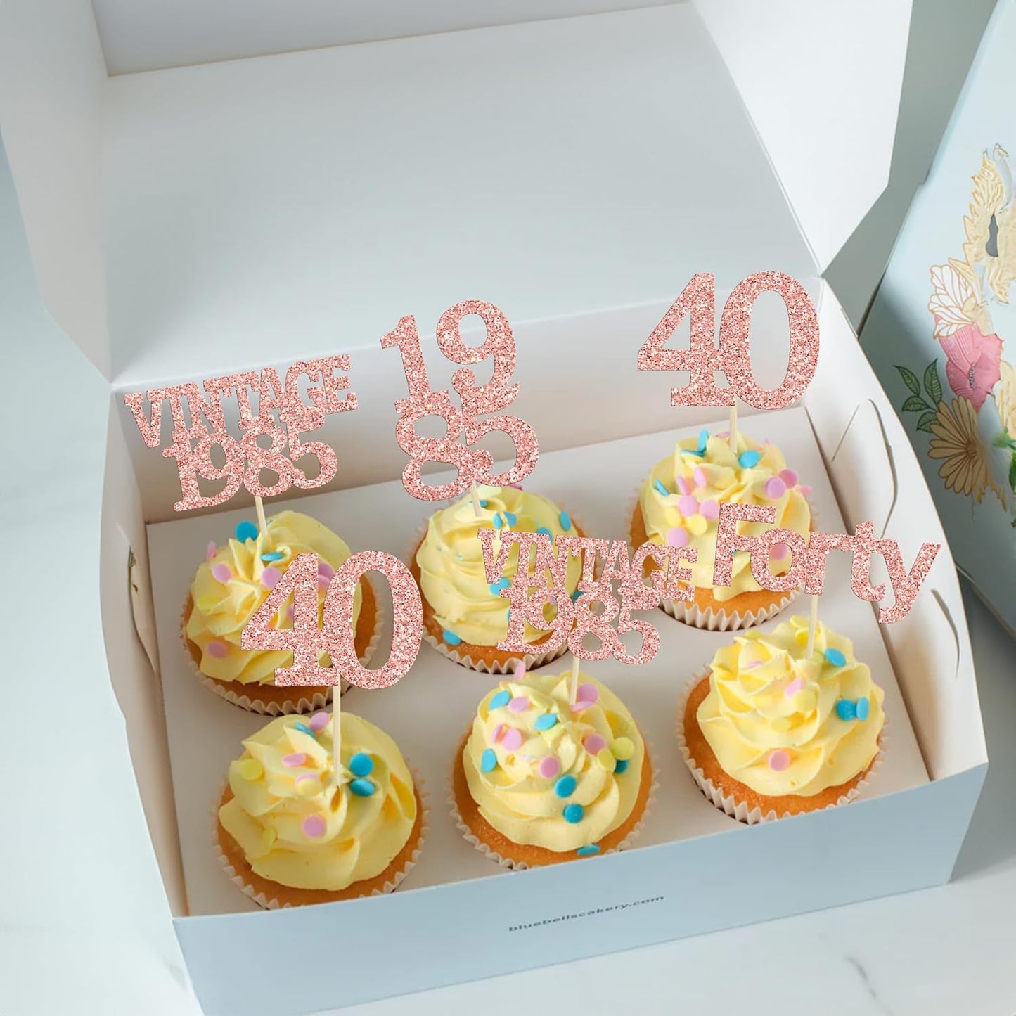 Gyufise 24Pcs Happy 40th Birthday Cupcake Toppers Glitter Forty 40 Fabulous Vintage 1985 Cake Toppers for 40th Birthday Wedding Anniversary Party Cake Decorations Supplies Rose Gold