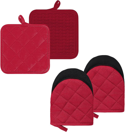 Oven Mitts and Pot Holders Set, Pack of 4, Heat Resistant Silicone Kitchen Mini Oven Mittens for 500 Degrees, Mini Oven Gloves and Hot Pads for Baking Grilling Barbecue Microwave Machine Washable
