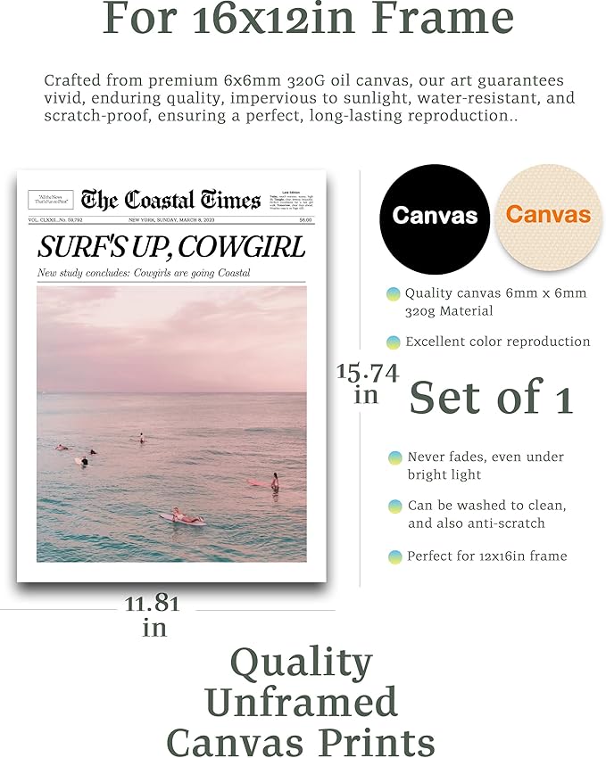 iHery Unframed Trendy Coastal Cowgirl NewsPaper Wall Art Prints, 12x16in Canvas - Image 2