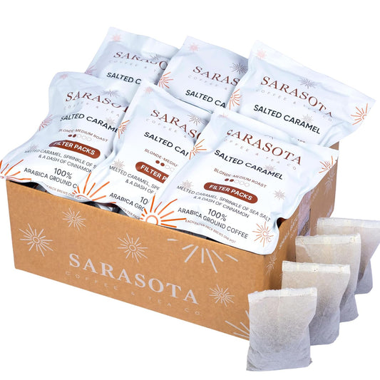 Ground Flavored Coffee In Filter Packs | Medium Roast Low Acid Mold Free Pouches | Sampler Packets | Salted Caramel Gourmet Powder Bags for 10-12 Cup Drip Maker | Highest Rated Individual Premeasured Coffee