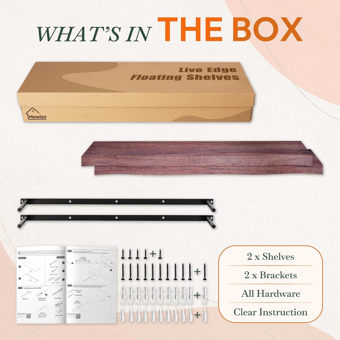 36" Acacia Live Edge Floating Shelves Set of 2 - Wall Mounted Wooden Shelf for Stylish Home Décor - Cherry Color 36x7.5x1.5 Inches