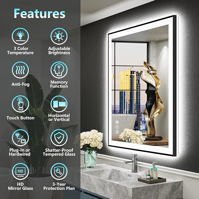 28x32 Black Framed LED Bathroom Mirror - Image 2