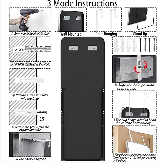 SCWF-GZ 57x20 Door Hanging Full Length Mirror, Floor or Wall Mounted Metal - Image 7