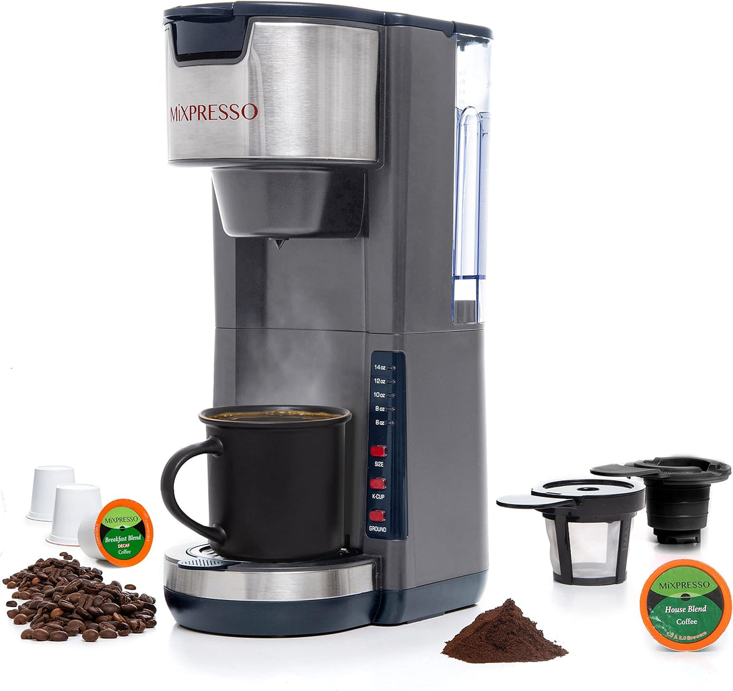 Mixpresso Gray Single Serve Coffee Brewer K-Cup Pods Compatible & Ground, 30 oz Compact Coffee Maker Single Serve With 5 Brew Sizes Up To 14 Oz, Fits Travel Mug, Adjustable Drip Tray