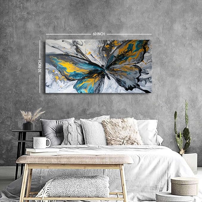 Abstract Butterfly Wall Art Teal Grey Yellow Butterfly Wall Decor Modern Marble - Image 3