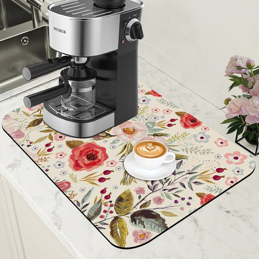 Vintage Flowers Coffee Mat Rose Berries Dish Drying Mat for Kitchen Counter Hide Stain Absorbent Rubber Backed Coffee Bar Accessories Fit Under Espresso Machine Dish Drainer, 11.8 x 19.7 Inch