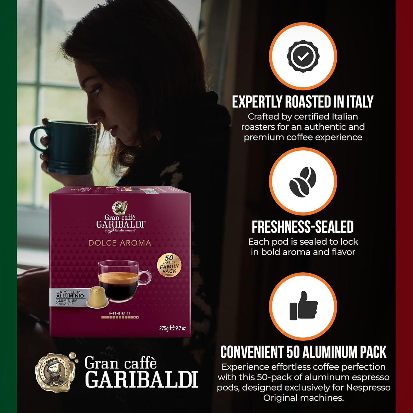 Gran Caffè Garibaldi Espresso Pods, Italian Roasted Coffee, Compatible Nespresso Original Line Machines, Nitrogen Flushed, Full-Bodied Crema, Almond & Dried Fruit - Dolce Aroma 50 Aluminum Cups