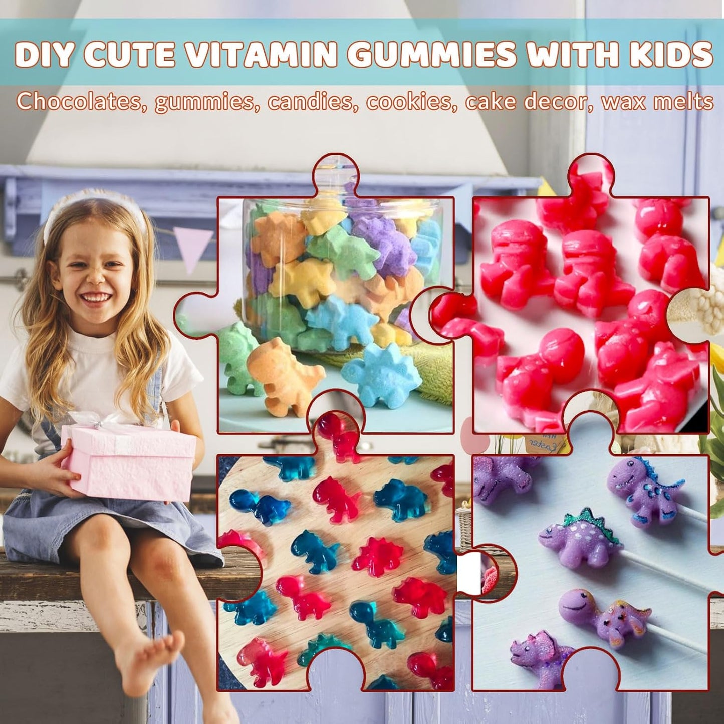 HKNMTT Gummy Dinosaur Molds Silicone, Mini Cute Dinosaur Shaped Candy Chocolate Molds With 2 Droppers, 4 Pack 192 Cavities Non-stick BPA free Bite Size Animal Kid Molds, DIY Candy Making Kit