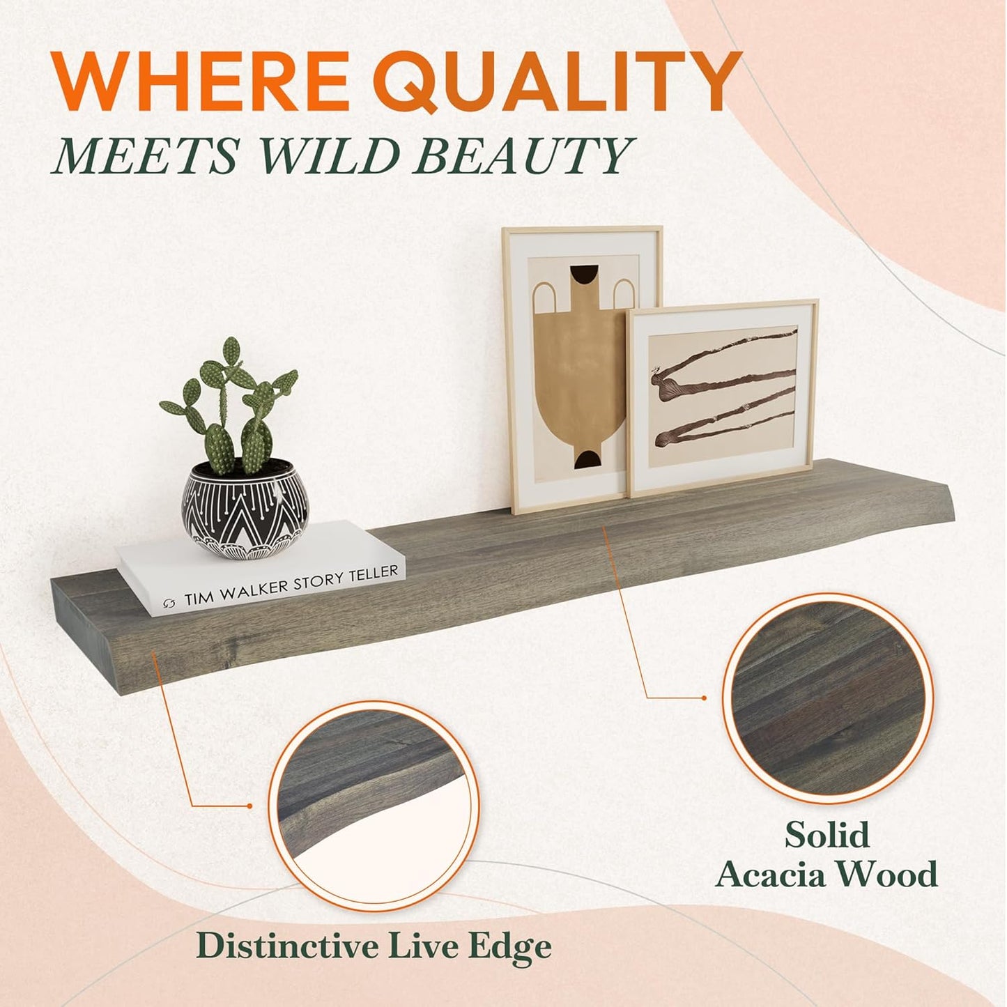 36" Acacia Live Edge Floating Shelves Set of 2 - Wall Mounted Wooden Shelf for Stylish Home Décor - Mocha Color 36x7.5x1.5 Inches