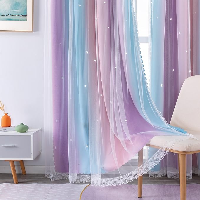 XiDi Curtains for Bedroom Decor, Rainbow Pink Purple/34/90 - Image 4