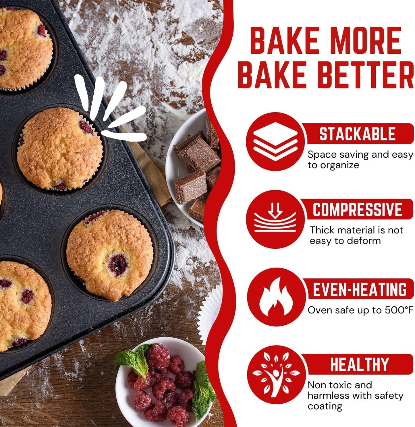 Flexzion Muffin Tray Cupcake Baking Pan 2 Pack, 12-Cup Nonstick Carbon Steel Muffin Tins Non-Stick Cupcake Tin Bakeware Accessories for Baking Cupcakes Muffin Brownies Snacks, Easy Clean, Fridge Safe
