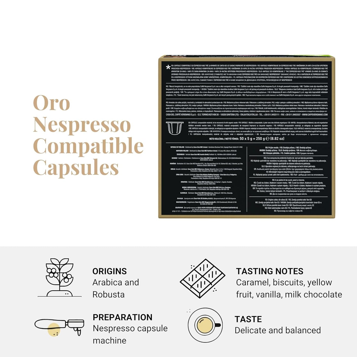 Caffe' Vergnano 1882 Medium Roast Arabica Robusta Espresso Original Line Machine Compatible Capsules, Single-Serve Italian Coffee for Nespresso Machines, Intensity 4/10, Oro, 50 Ct