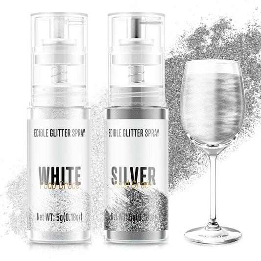 Edible Glitter Spray,2 Colors Silver & White Food Grade Edible Glitter Set for Drink Cake Beverages,Cupcakes,Cake Pops and Cookies Decorating