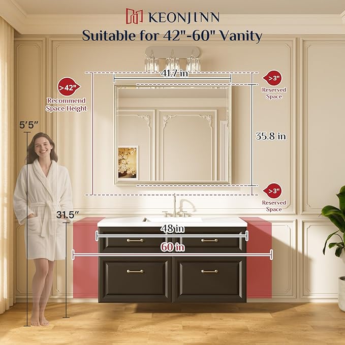 Keonjinn 42" x 36" Brushed Nickel Bathroom Vanity Mirror, Large Silver Bathroom - Image 2