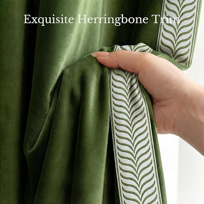 NICETOWN Rod Pocket Embroidered Trim Velvet Curtains, 2 Panels, Olive Green - Image 2