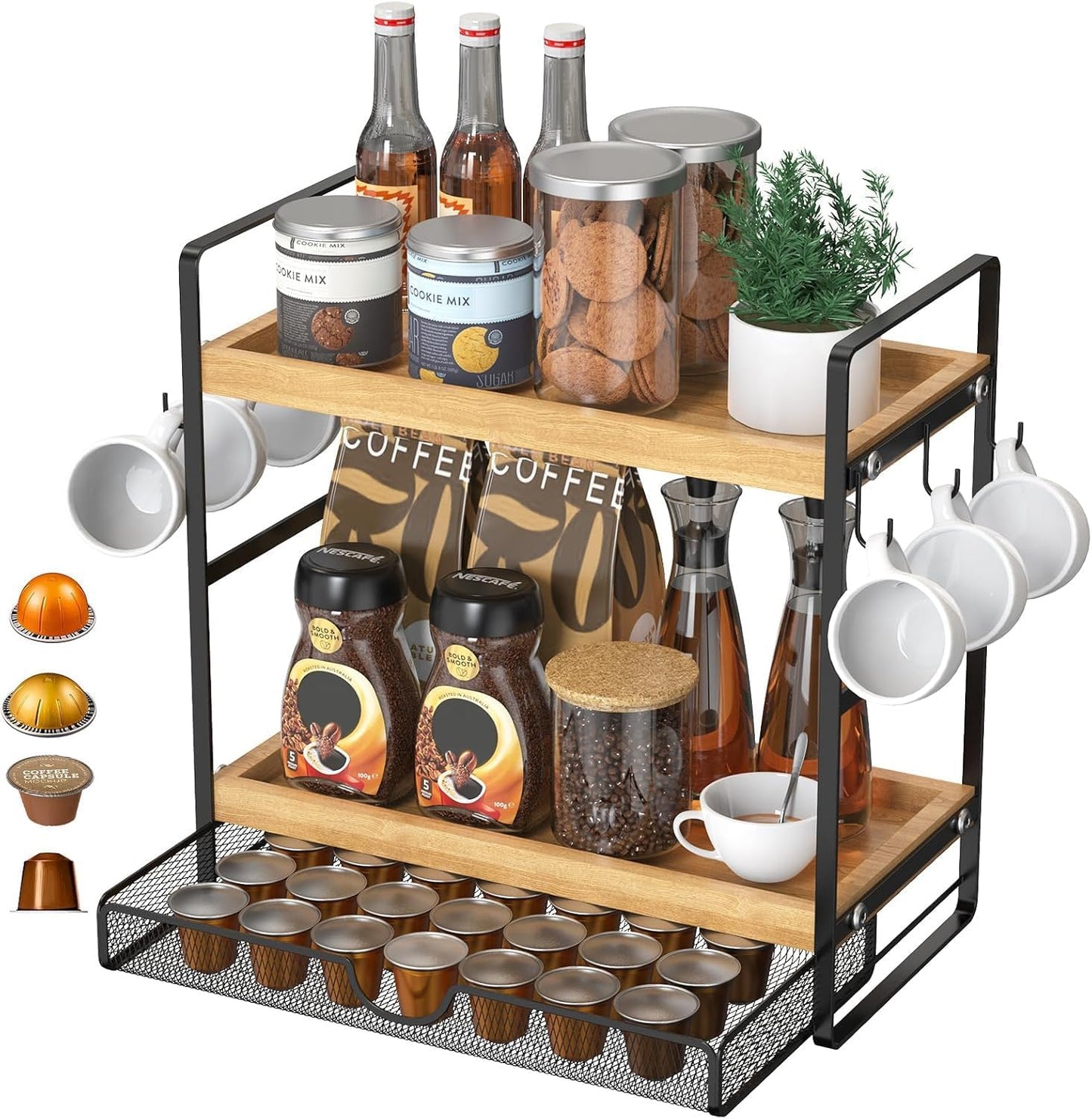 LEMIKKLE 2-Tier Coffee Station Organizer with Pod Holder and Drawer, Kitchen Countertop Organizer, Coffee Bar Accessories Station with Coffee Pod Storage, Coffee Organizer