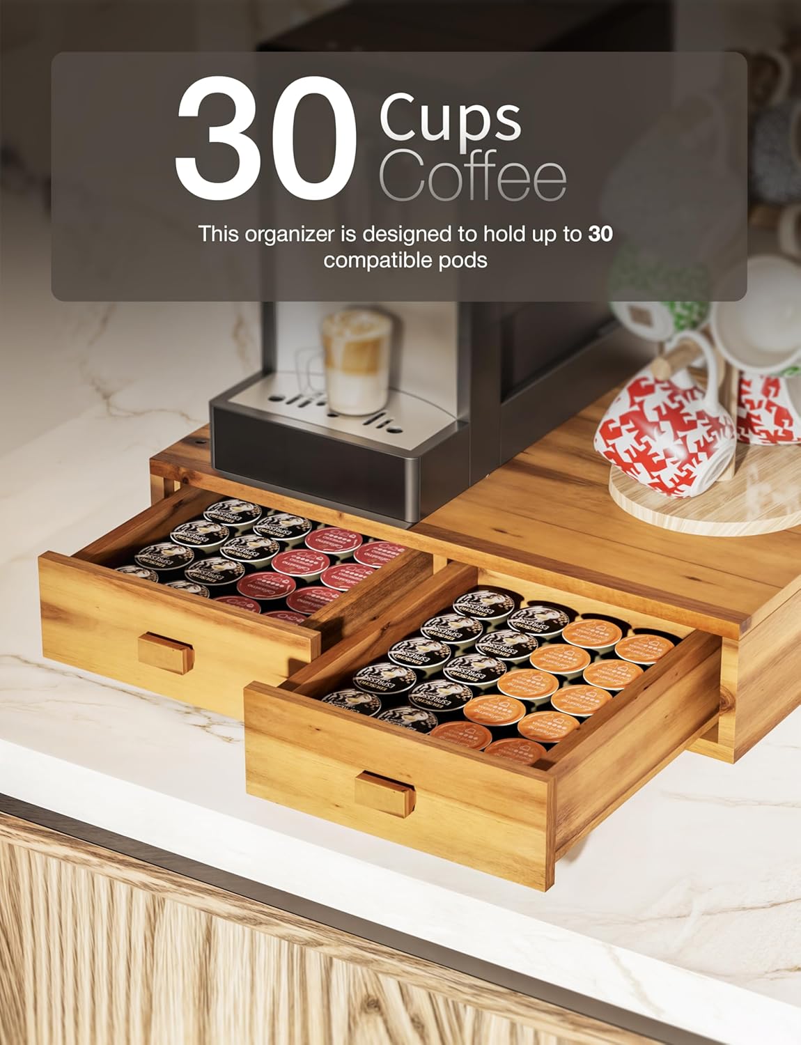 Tinamo Acacia Wood Coffee Pod Storage Box, Coffee Pods and Tea Organizer Holder, K Pod Drawer Coffee Maker Machine Stand, for K-Cup Drawer Organizer Under Brewer (Acacia, 2 drawer)