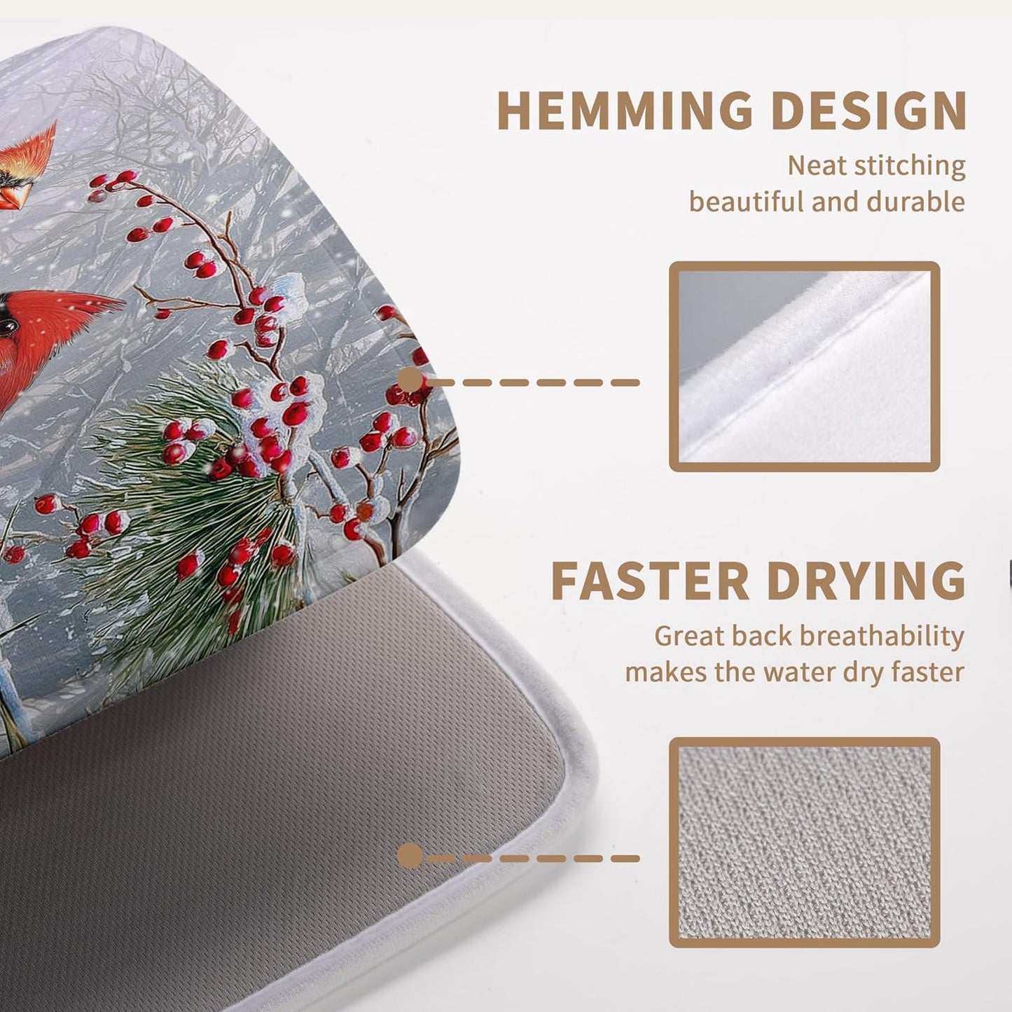 Winter Cardinal Birds Dish Drying Mats Christmas Snowflake Dish Mat Kitchen Tree Large Drying Matt Dishes Dryer Pad for Kitchen Counter Absorbent Microfiber Washable Foldable Reusable 18x24 in