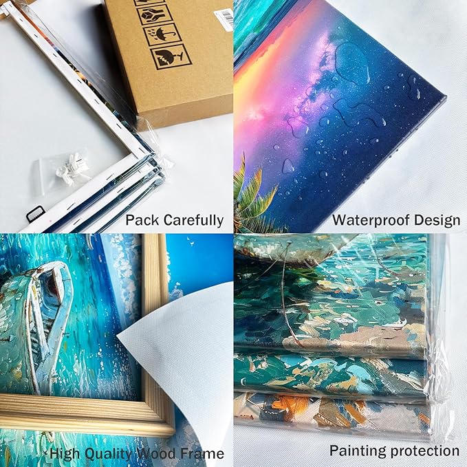 weiyiart Beach Decor Canvas Wall Art Blue Ocean Boat on the Sea Print Painting - Image 4