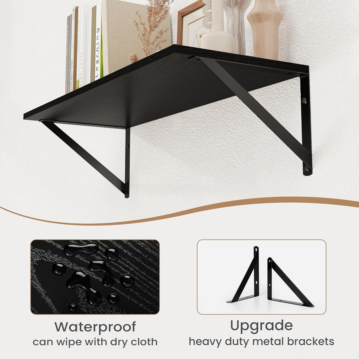 Heimlove Black Deep Floating Shelves for Wall, 24W x 8D Wood Wall Shelves Set of 2, Wide Floating Bookshelf for Living Room, Kitchen, Office, Bedroom and Decor Storage, with Metal Bracket - Black