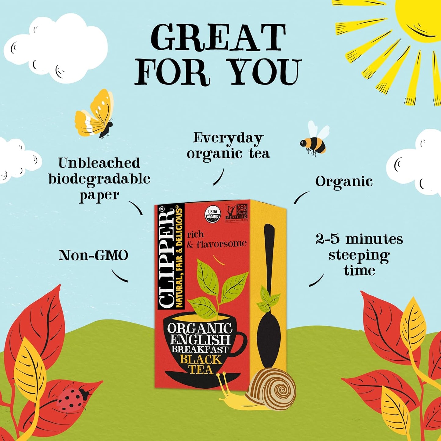 Clipper Tea, English Breakfast, Fairtrade, Organic, Plant-Based, Caffeinated British Tea, 6 Pack, 120 Unbleached Tea Bags