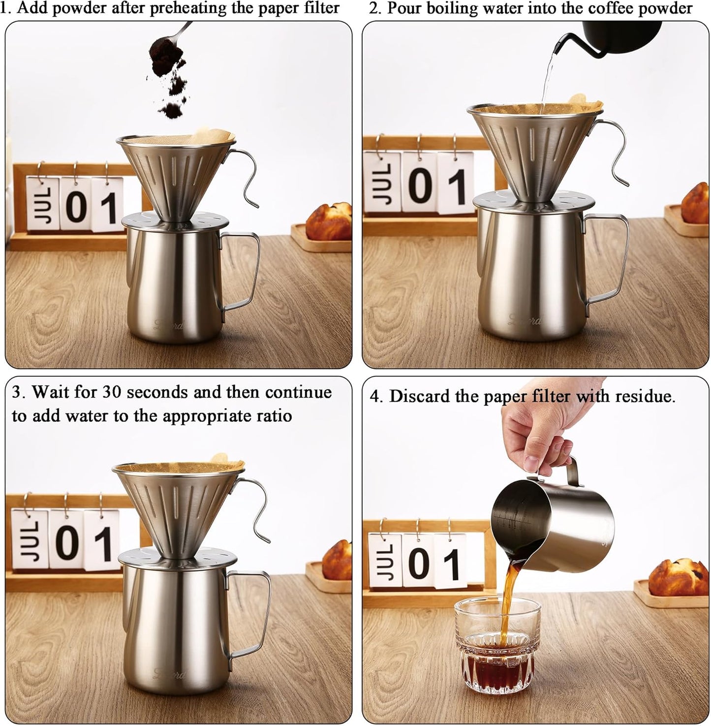 Pour Over Coffee Maker, 304 Stainless Steel wIth 100 pcs Size 02 Cone Paper Filters & 600ml Milk Frothing Pitcher, for Home & Camping