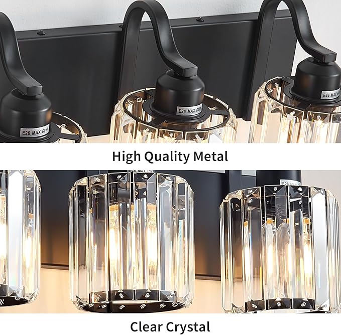 Modern 3-Lights Black Bathroom Vanity Light, Crystal Bathroom Lights Over Mirror - Image 5