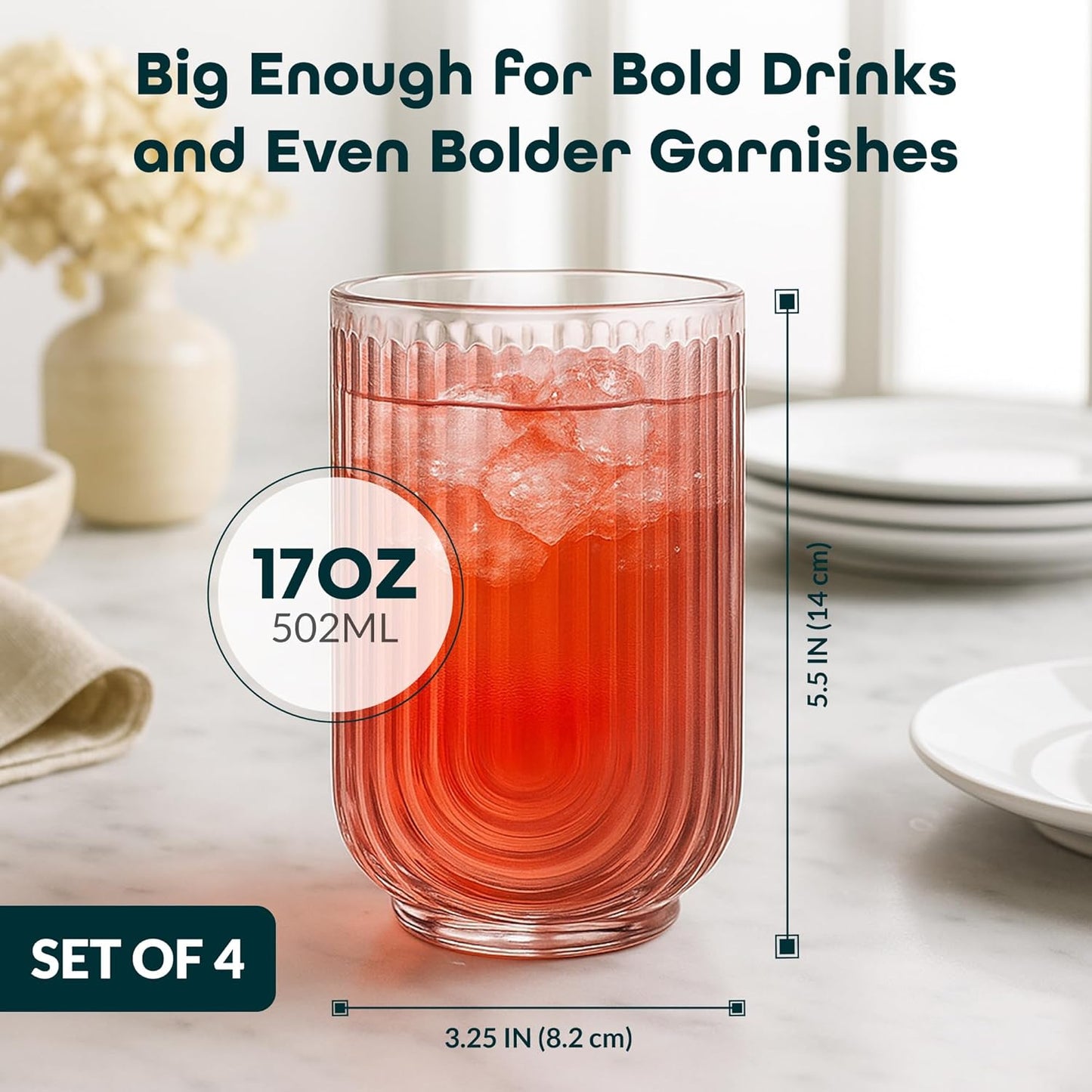 Glaver's Vintage Glassware Art Deco Highball Glasses Set of 4 Blush Ribbed Drinking Glasses 17 Oz U-Shape Arch Design Colored Cocktail Kitchen Tumblers Everyday Dinner Decorative Party, Pink