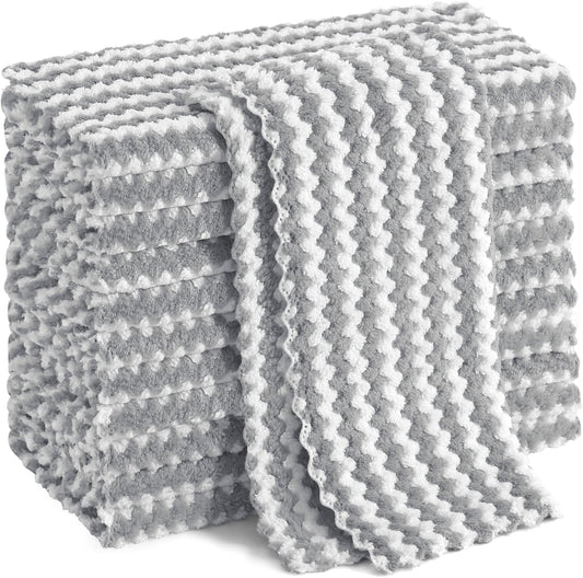 Homaxy 12 Pack Kitchen Dish Cloths, Ultra Soft and Absorbent Dish Towels, Reusable Fast Drying Microfiber Cleaning Cloth, Coral Velvet Wave Design No-lint, 10 x 10 inches, Grey