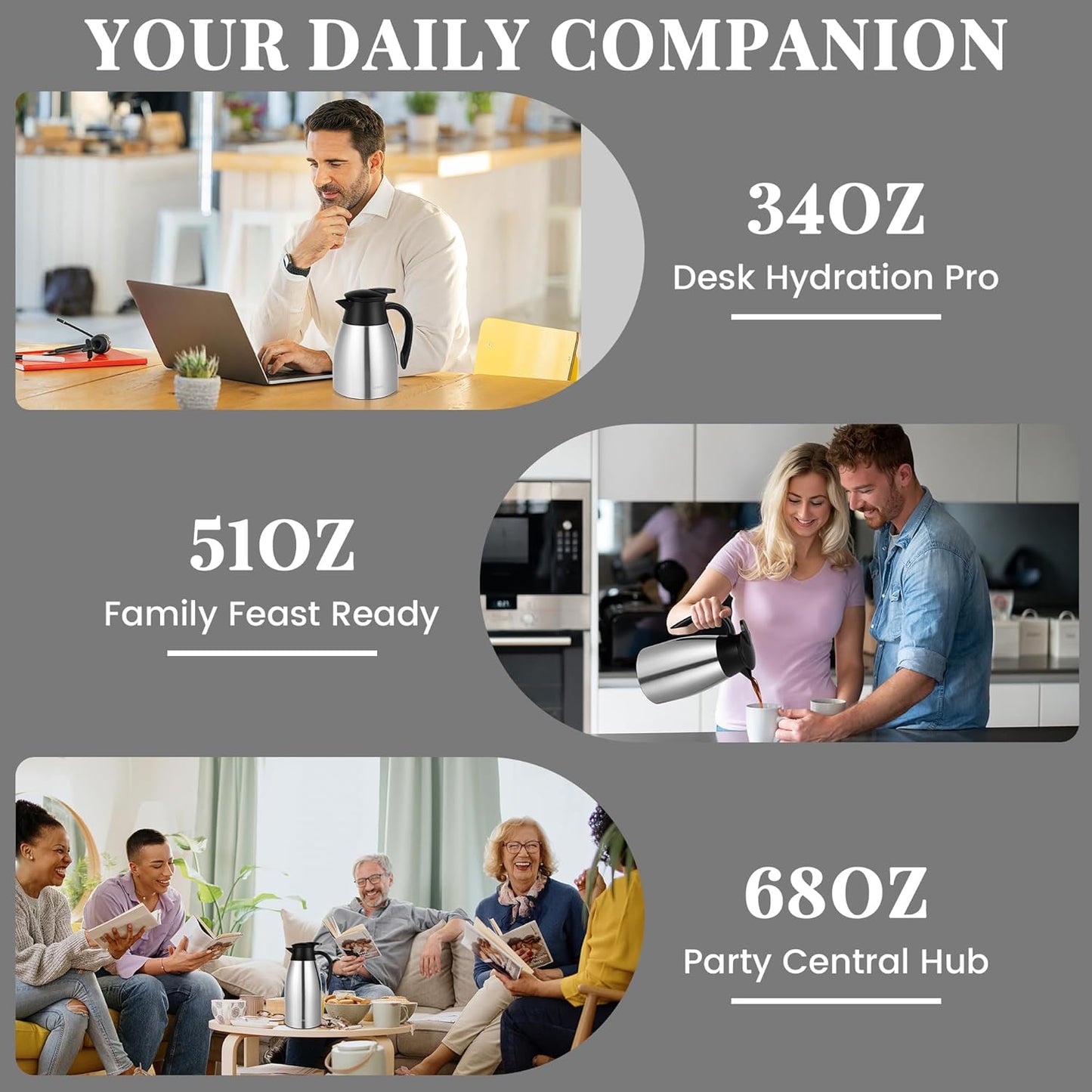 34 Oz Thermal Coffee Carafe, Stainless Steel Insulated Vacuum coffee crafts to keep coffee hot, 1 Liter Tea Water Coffee and Beverage Dispenser (Silver)