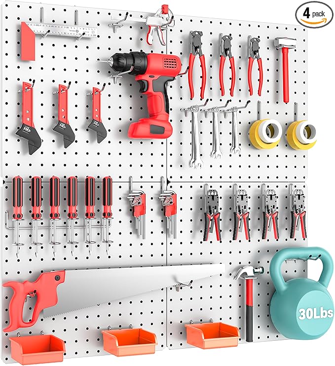 Peg Board, Total 32” x 32”, 4 Pack White Peg Board Panels, 50lbs Load Capacity by Hogurity
