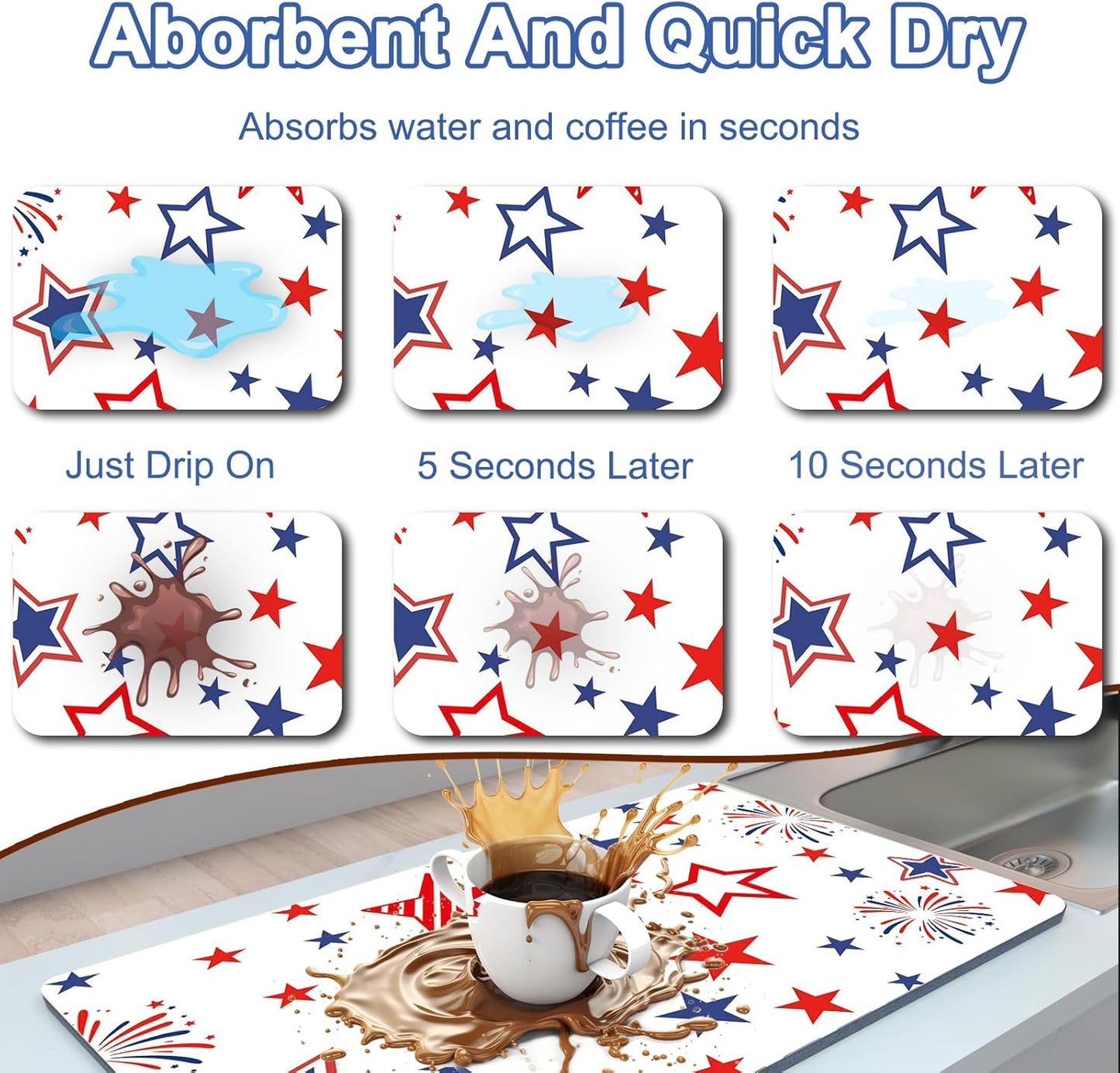 Dish Drying Mat 16" X 24", Super Absorbent & Cuttable Coffee Mats for Countertop, Kitchen Counter Mat Fits Under Coffee Maker or Machine, Hide Stain Drying Pad for Dish Drying Rack, W Stars Freworks