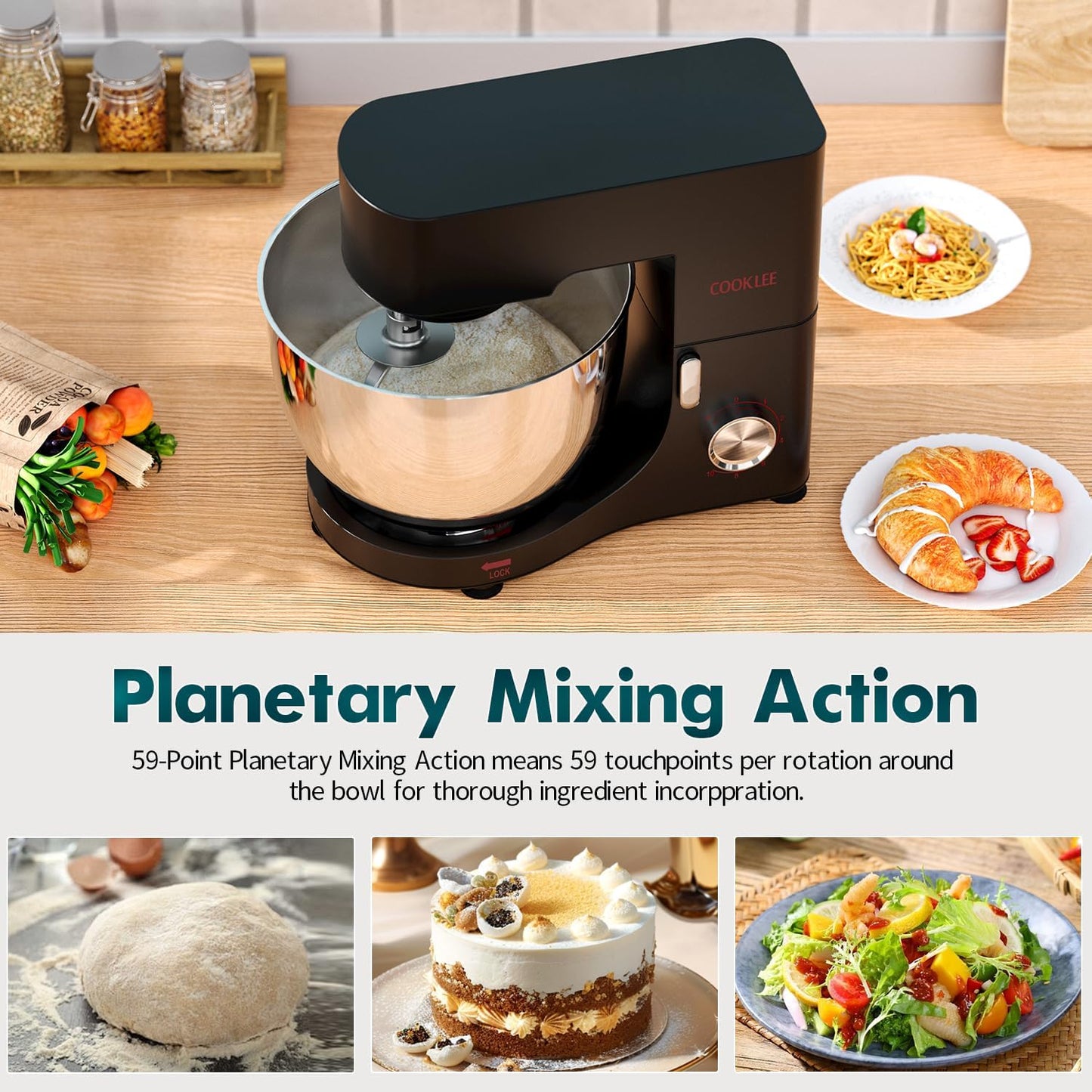 COOKLEE Stand Mixer, 9.5 Qt. 660W 10-Speed Electric Kitchen Mixer with Dishwasher-Safe Dough Hooks, Flat Beaters, Wire Whip & Pouring Shield Attachments for Most Home Cooks, Silver