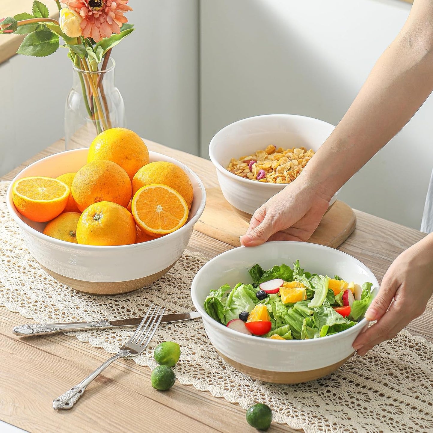 Ceramic Mixing Bowls,Large Serving Bowls 2.1/1.5/1.0 Qt,Salad Bowls Set of 3 for Kitchen Space Saving Storage,Nesting Bowls for Cooking,Popcorn,Soup,Fruit, Microwave & Dishwasher Safe,White