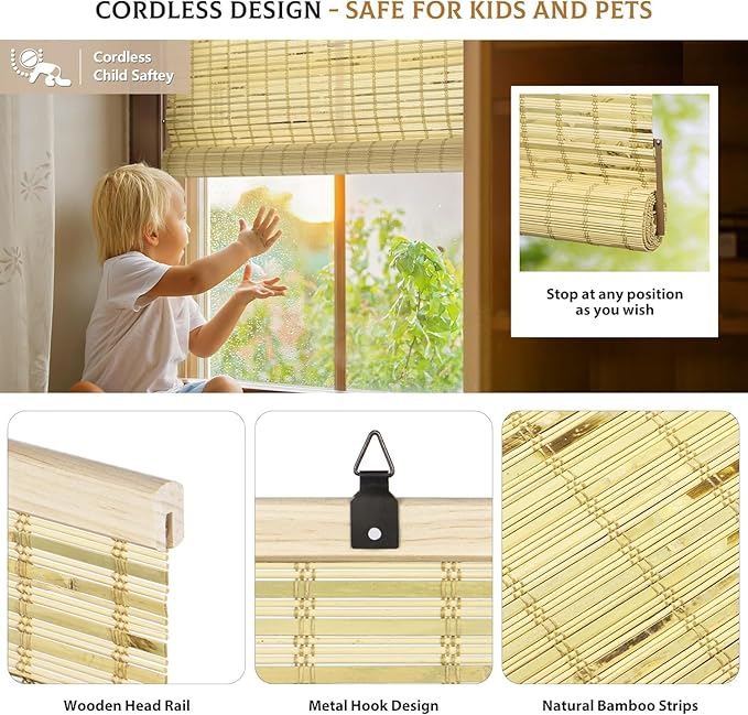 LazBlinds Cordless Bamboo Blinds, Roll Up Shades - Image 2
