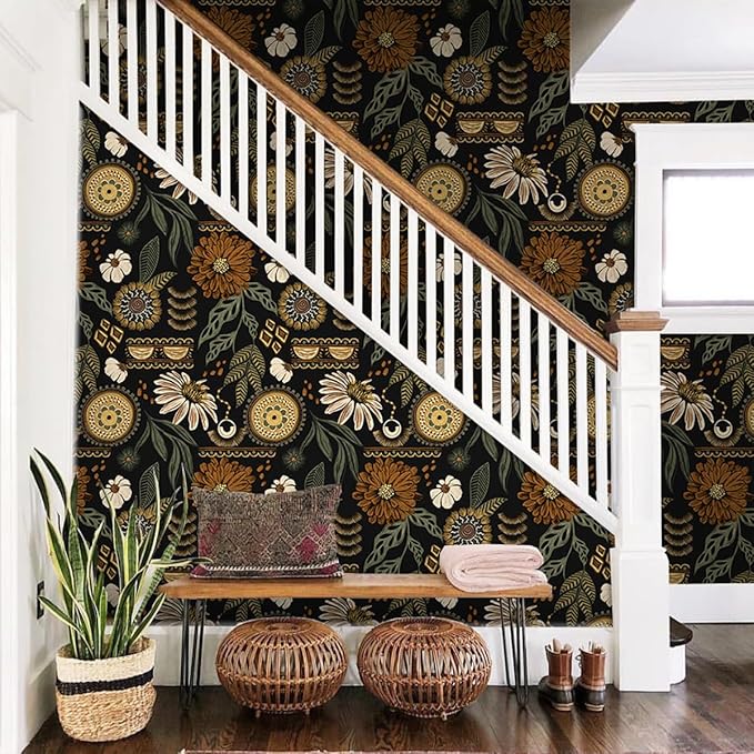 Simon&Siff Boho Peel and Stick Wallpaper, 17.3" x 1200" Sun Floral Retro by SimonSiff