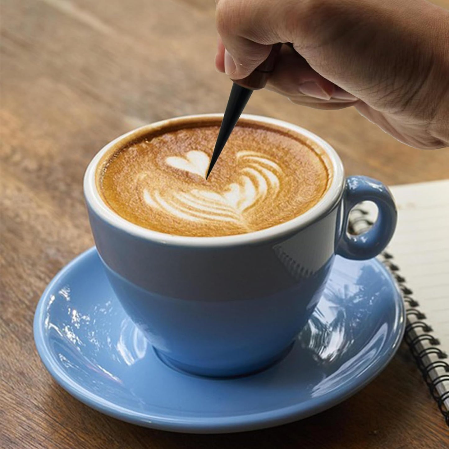 Coffee Art Pen Set for Baristas, Wooden Coffee Drawing Tool for Latte, Cappuccino, Macchiato, Espresso Milk Foam Design Pen, Premium Accessories Set with Coffee Brush and Stainless Steel Case (Silver)