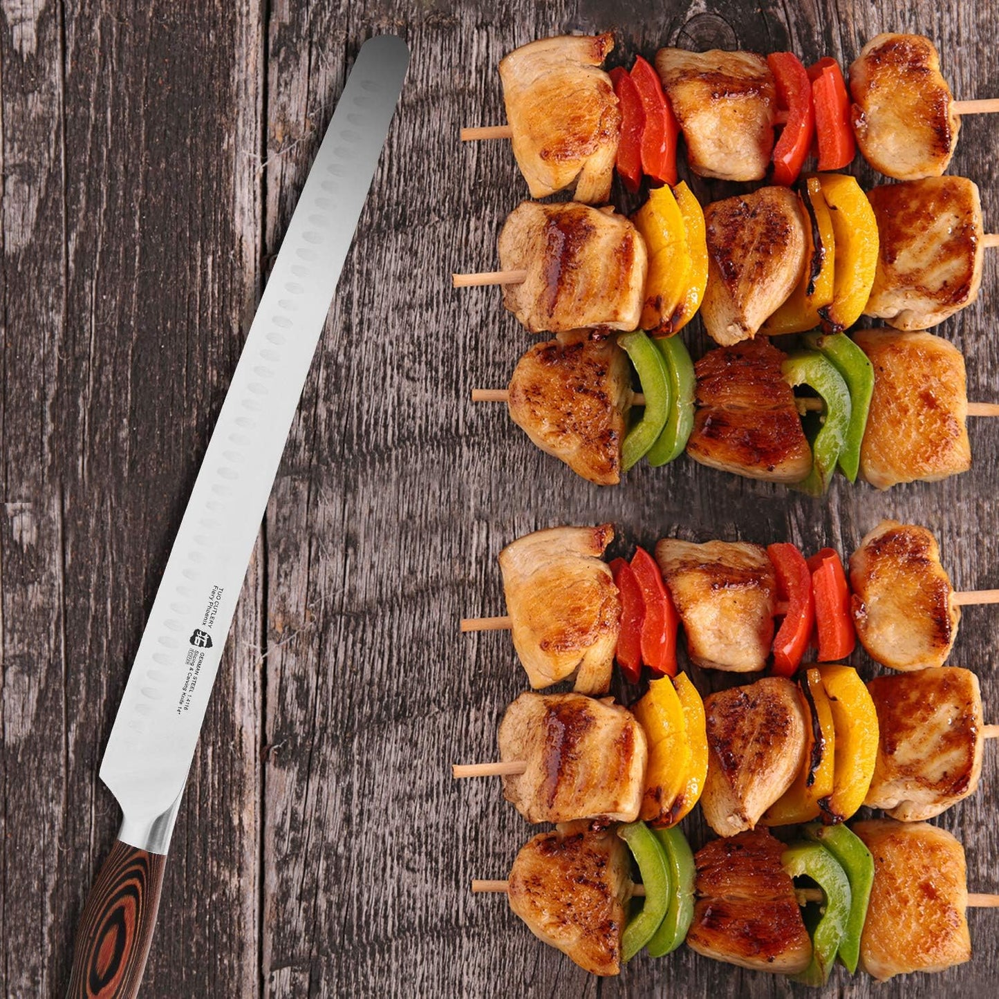 TUO Slicing Knife 14 inch - Long Carving Knives Professional Granton Slicer Hollow Ground Carver for Meat & Vegetable - German HC Steel & Ergonomic Pakkawood Handle - Gift Box Included - Fiery Series