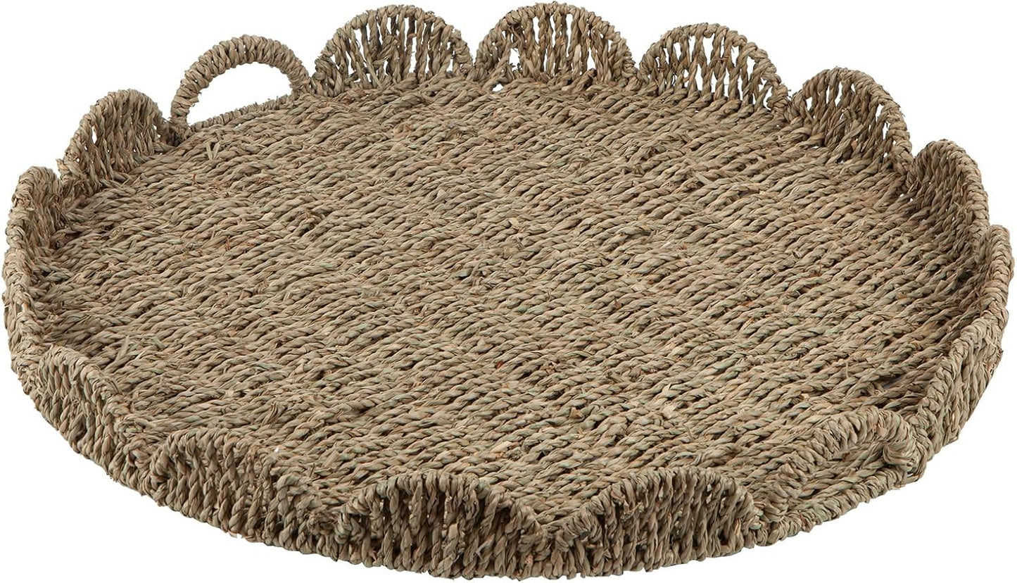 Round Ottoman Tray Large Wicker Serving Tray with Handles for Coffee Table, 20 Inch Handwoven Natural Seagrass Tray Scalloped Edges