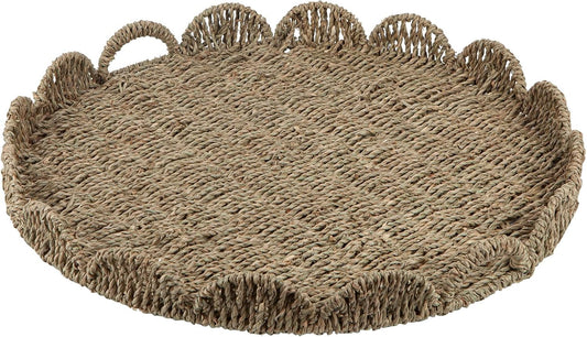Round Ottoman Tray Large Wicker Serving Tray with Handles for Coffee Table, 20 Inch Handwoven Natural Seagrass Tray Scalloped Edges