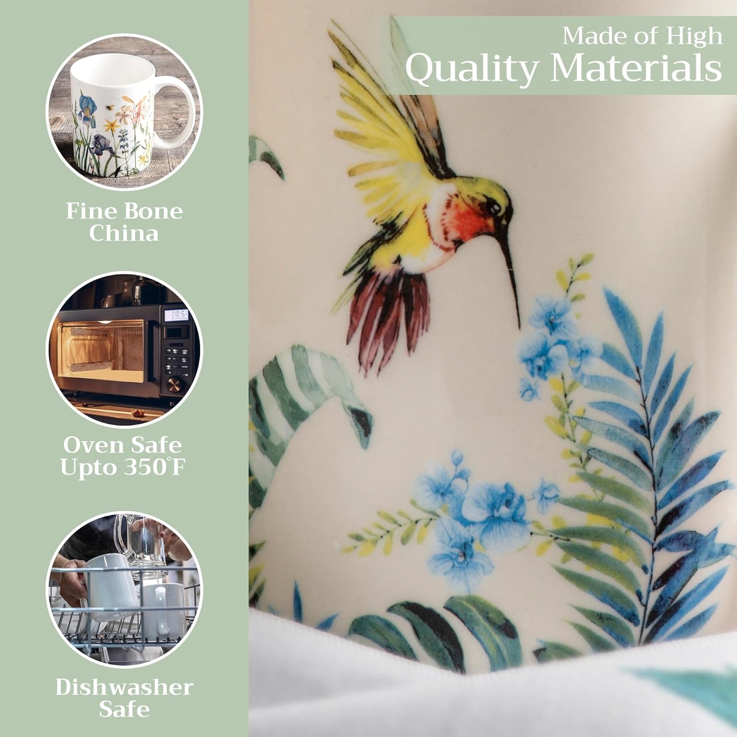 Maison d' Hermine Coffee Mug with Handles Fine Bone China Mugs Pack of Two Tea Cups for Hot Beverages Cappuccino Latte Home Restaurant Office Perfect for Gift (Tropiques, 12 Ounce)