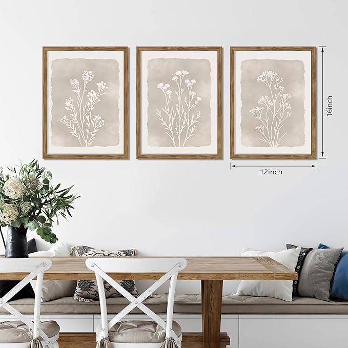 Framed Boho Botanical Flower Wall Art Set of 3, Vintage Minimalist Neutral - Image 4