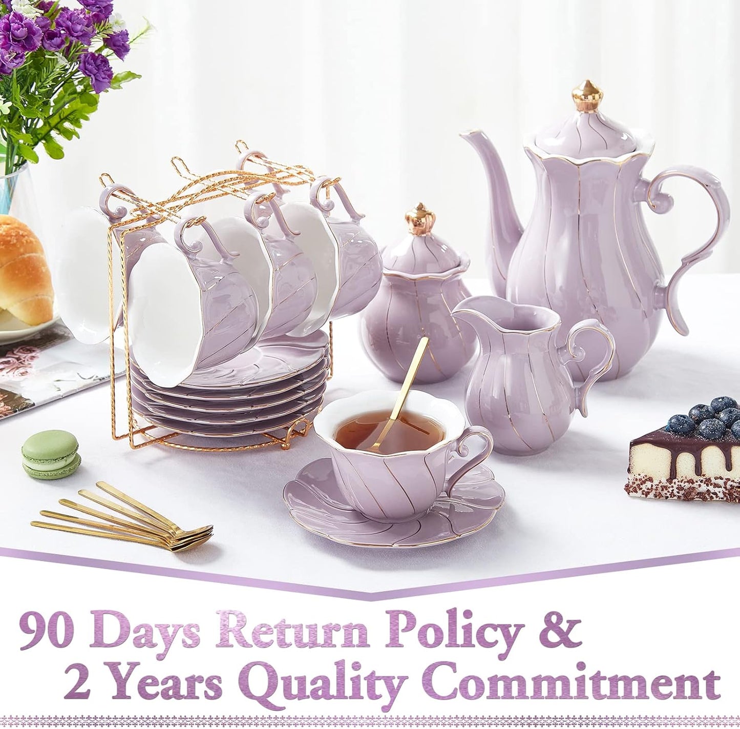DUJUST 22 pcs Porcelain Tea Set for 6, Luxury British Style Tea/Coffee Cup Set with Golden Trim, Beautiful Tea Set for Women, Tea Party Set, Gift Package (With a Stand) - Purple